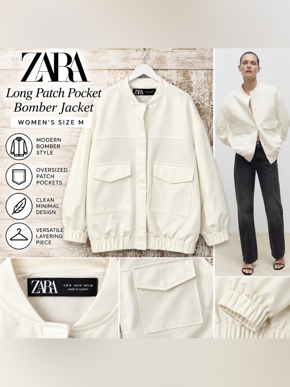 ZARA Long Patch Pocket Bomber Jacket Cream Women’s Size M